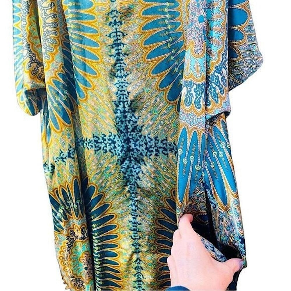 Oscar de la Renta Blue Gold Mandala Zip Front‎ V-Neck 2 Pocket Caftan  SZ 2X NEW - Picture 14 of 15